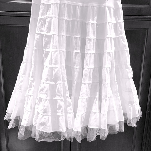 Beautiful White Linen long Skirt full circular Tiered Ruffles elastic waist US M - Picture 2 of 13